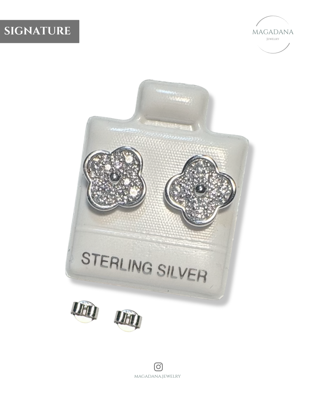 Broqueles de Flor Trébol en Plata Italiana .925 – Pavé Radiante y Baño de Rodio